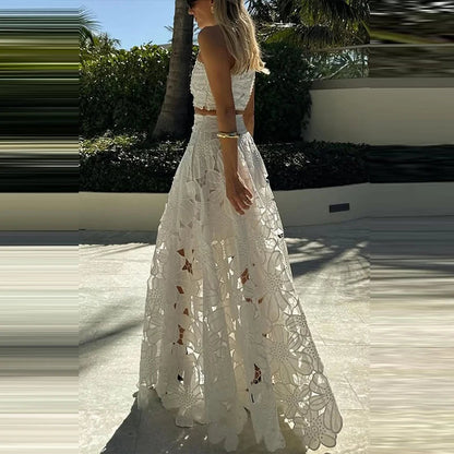 Spring Summer Holiday Boho Outfit Women Sexy O Neck Sleeveless Crop Top & Maxi Skirts Set 2025 Fashion Embroidery Lace 2Pcs Suit
