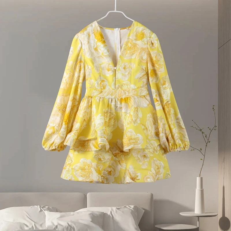 Elegant Print Ruffles Mini Dress Women Deep V Neck Long Sleeves A Line Dresses Female 2025 Spring New Fashion Fluffy Robe Lady