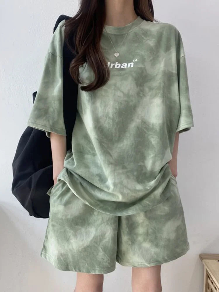 Women T-Shirt Shorts Suit Set Casual Tie Dye Loose Tshirt And Wide Leg Middle Shorts With Pockets Female Soft Summer Shorts Sets