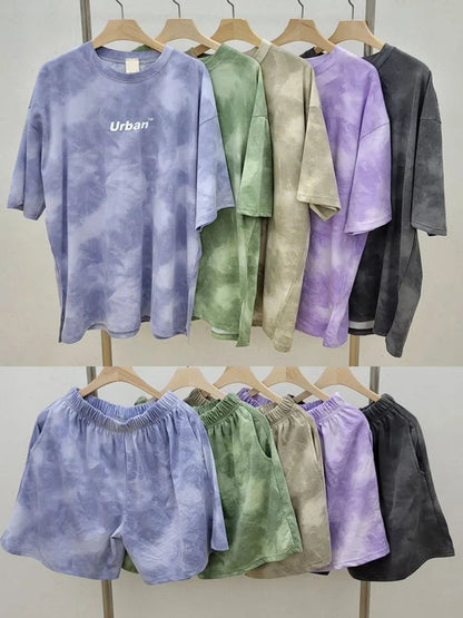 Women T-Shirt Shorts Suit Set Casual Tie Dye Loose Tshirt And Wide Leg Middle Shorts With Pockets Female Soft Summer Shorts Sets