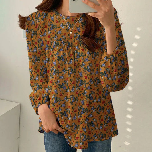Women Floral Printed Blouse Bohemian Holiday Tops Vintage Long Sleeve Work Shirt Casual Cotton Chemise Female Blusas
