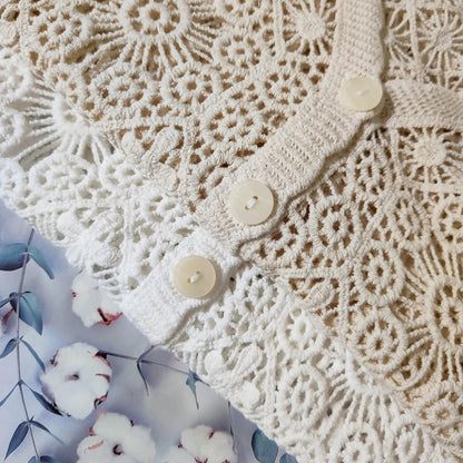 Sheer Crochet Top Button Front V-Neck Short Sleeve Open-Knit Embroidery Blouse Women Summer Boho Vacation Outfit