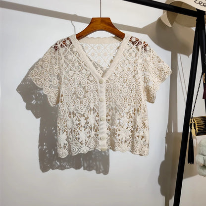 Sheer Crochet Top Button Front V-Neck Short Sleeve Open-Knit Embroidery Blouse Women Summer Boho Vacation Outfit
