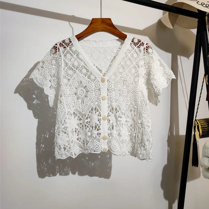 Sheer Crochet Top Button Front V-Neck Short Sleeve Open-Knit Embroidery Blouse Women Summer Boho Vacation Outfit