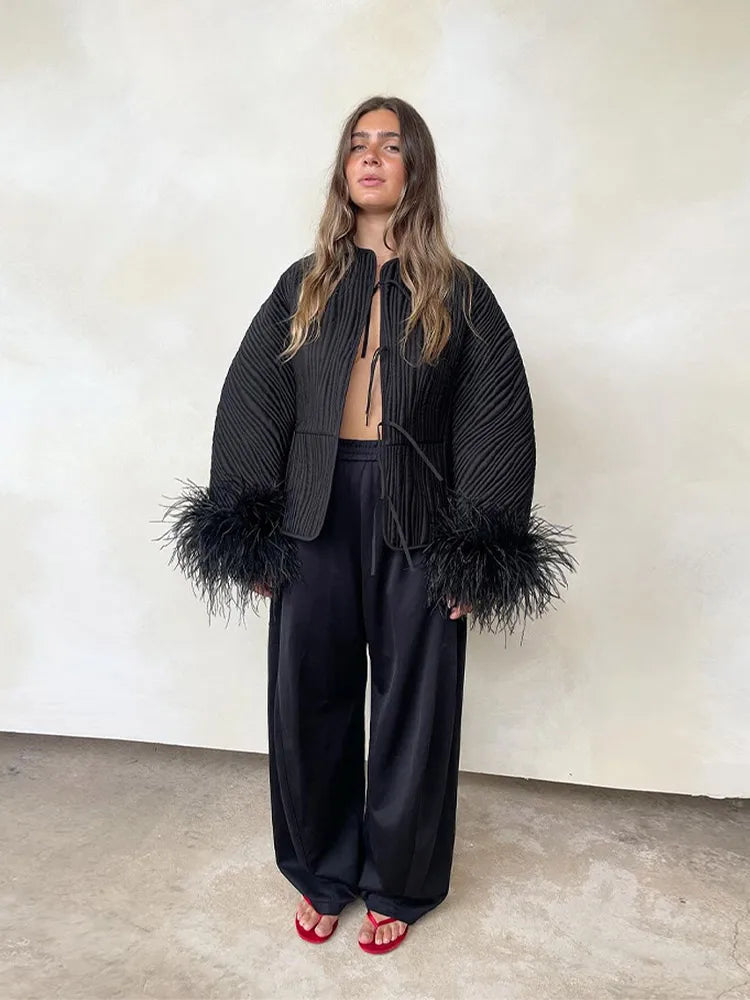 Shiny Feather Patchwork Solid Shirt For Women Chic Stand Collar Single-Breasted Long Sleeve Tops 2024 Lady Holiday Beach Coats