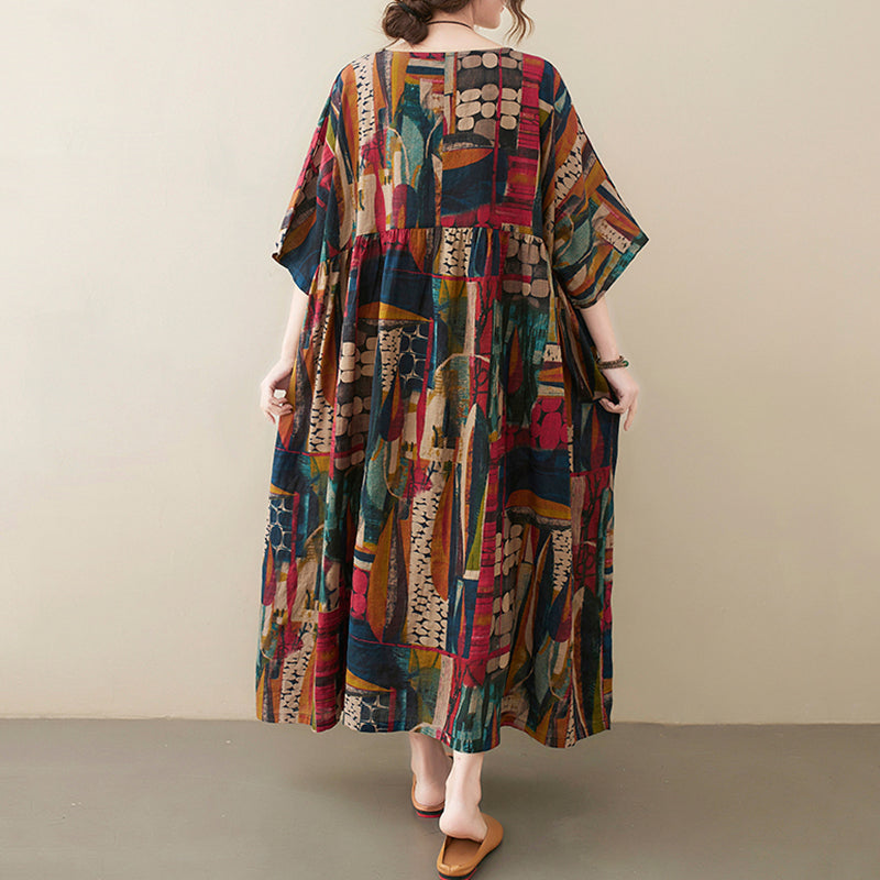 Short Sleeve Cotton Linen Vintage Print Summer Long Dresses For Women Casual Loose Holiday Ladies Dress Elegant Clothes