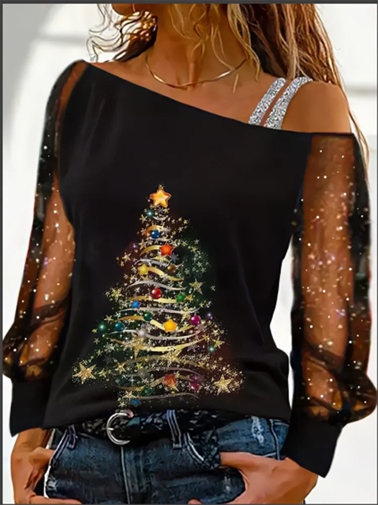 Silver Shoulder Strap Transparent Sleeves Sequins Blouse Women'S Sexy T-Shirt Christmas Tree Printed Long Sleeved Top
