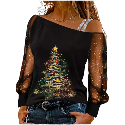 Silver Shoulder Strap Transparent Sleeves Sequins Blouse Women'S Sexy T-Shirt Christmas Tree Printed Long Sleeved Top