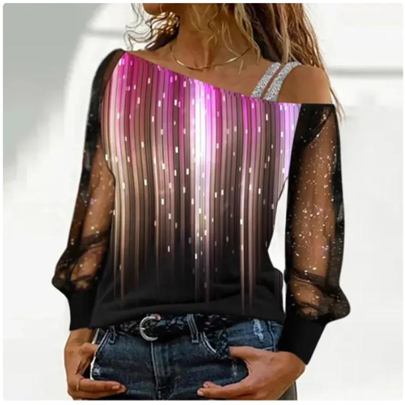 Silver Shoulder Strap Transparent Sleeves Sequins Blouse Women'S Sexy T-Shirt Christmas Tree Printed Long Sleeved Top