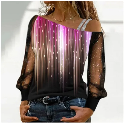 Silver Shoulder Strap Transparent Sleeves Sequins Blouse Women'S Sexy T-Shirt Christmas Tree Printed Long Sleeved Top