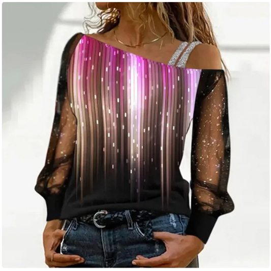 Silver Shoulder Strap Transparent Sleeves Sequins Blouse Women'S Sexy T-Shirt Christmas Tree Printed Long Sleeved Top