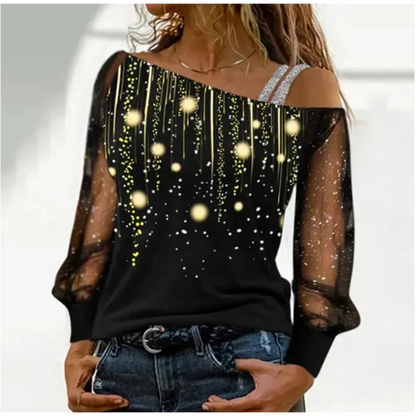 Silver Shoulder Strap Transparent Sleeves Sequins Blouse Women'S Sexy T-Shirt Christmas Tree Printed Long Sleeved Top