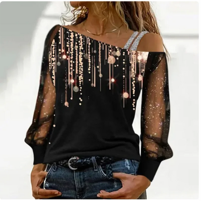 Silver Shoulder Strap Transparent Sleeves Sequins Blouse Women'S Sexy T-Shirt Christmas Tree Printed Long Sleeved Top