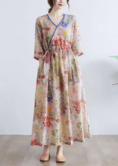 Simple Print V Neck Floral Summer Tie Waist Long Dresses Half Sleeve