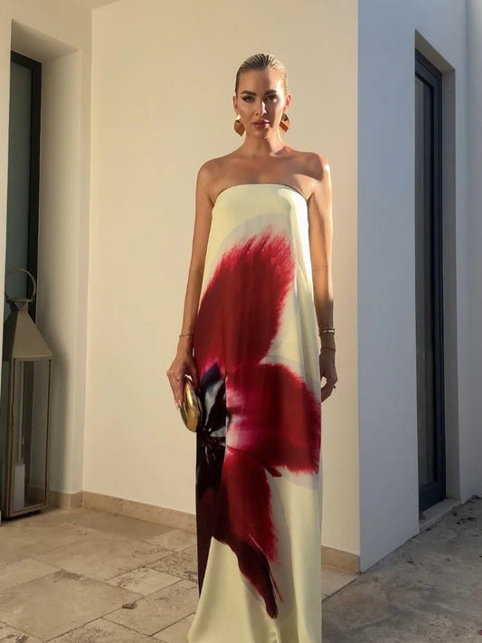 Strapless Back Belt Sleeveless Women'S Long Dress Sexy Printed Backless Off Shoulder Vestidos Summer Casual Vacation Beach Robes