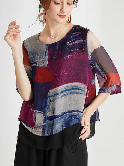 Stylish Yellow Blue Half Sleeve Chiffon Summer Shirt