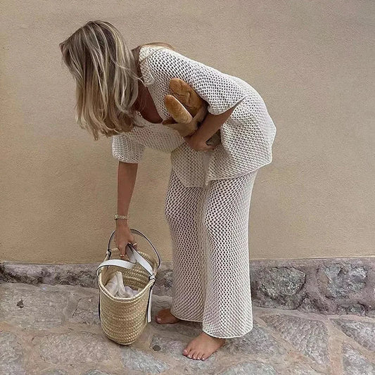 Suimsuit Cover Up Beach 2024 Knitted Hollow Out Cardigan Top Straight Pants Sets Mesh High-Waist Bottoms Suit Sexy Streetwear