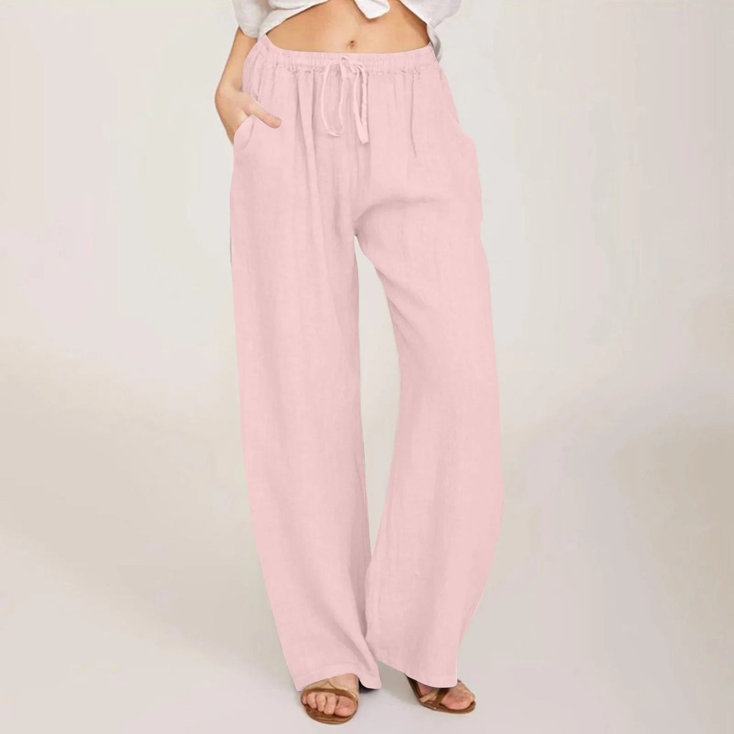 Summer Cotton Linen Wide Leg Pants For Women Pants Full Length Casual Pants Female Solid Loose High Waist Straight Trousers