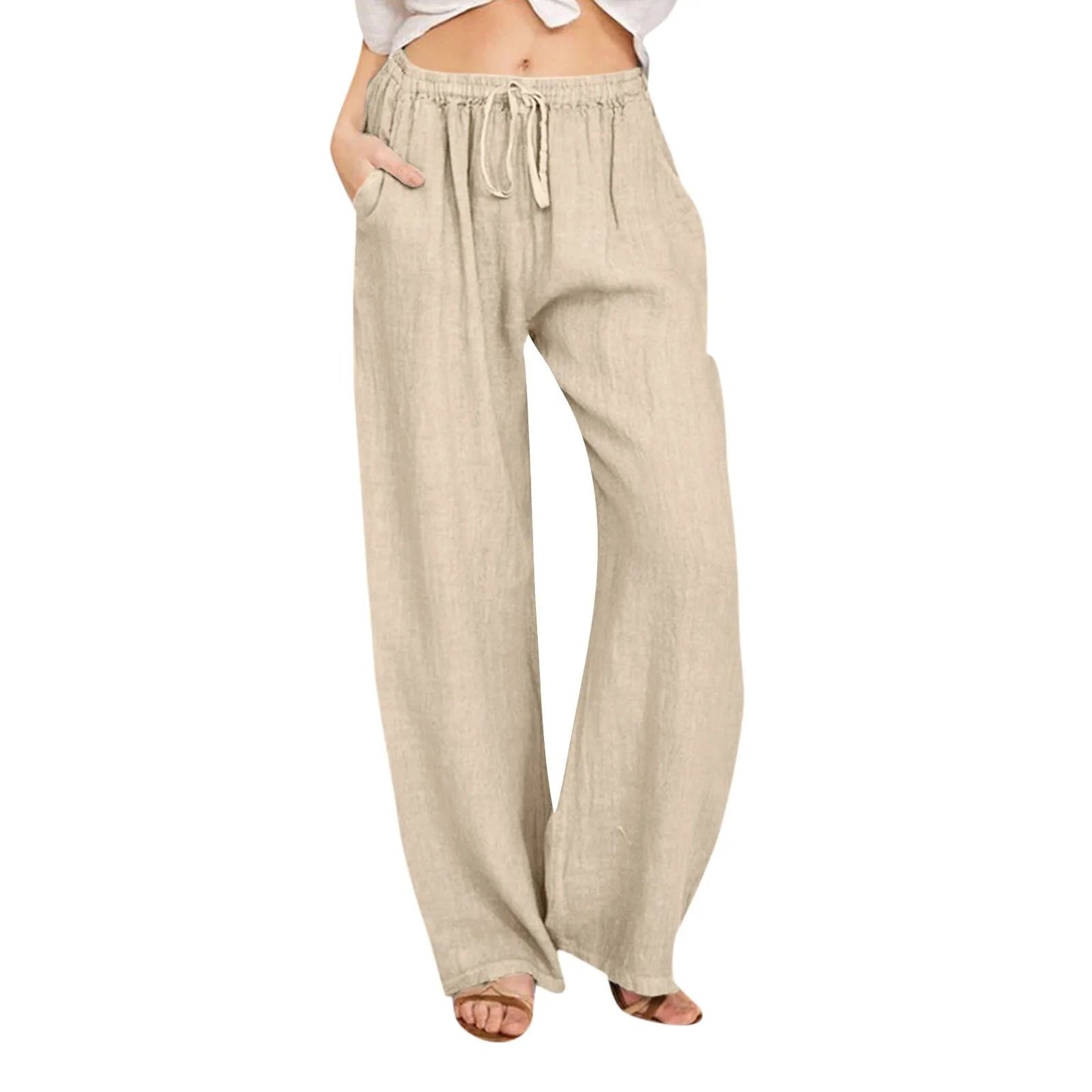 Summer Cotton Linen Wide Leg Pants For Women Pants Full Length Casual Pants Female Solid Loose High Waist Straight Trousers