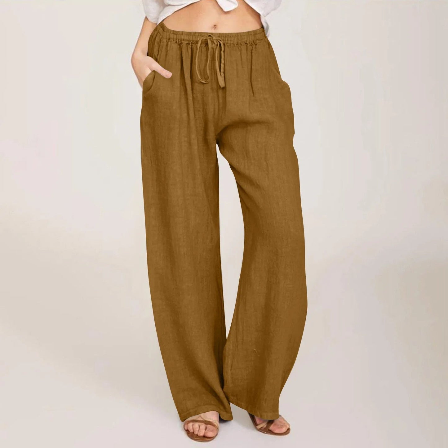 Summer Cotton Linen Wide Leg Pants For Women Pants Full Length Casual Pants Female Solid Loose High Waist Straight Trousers