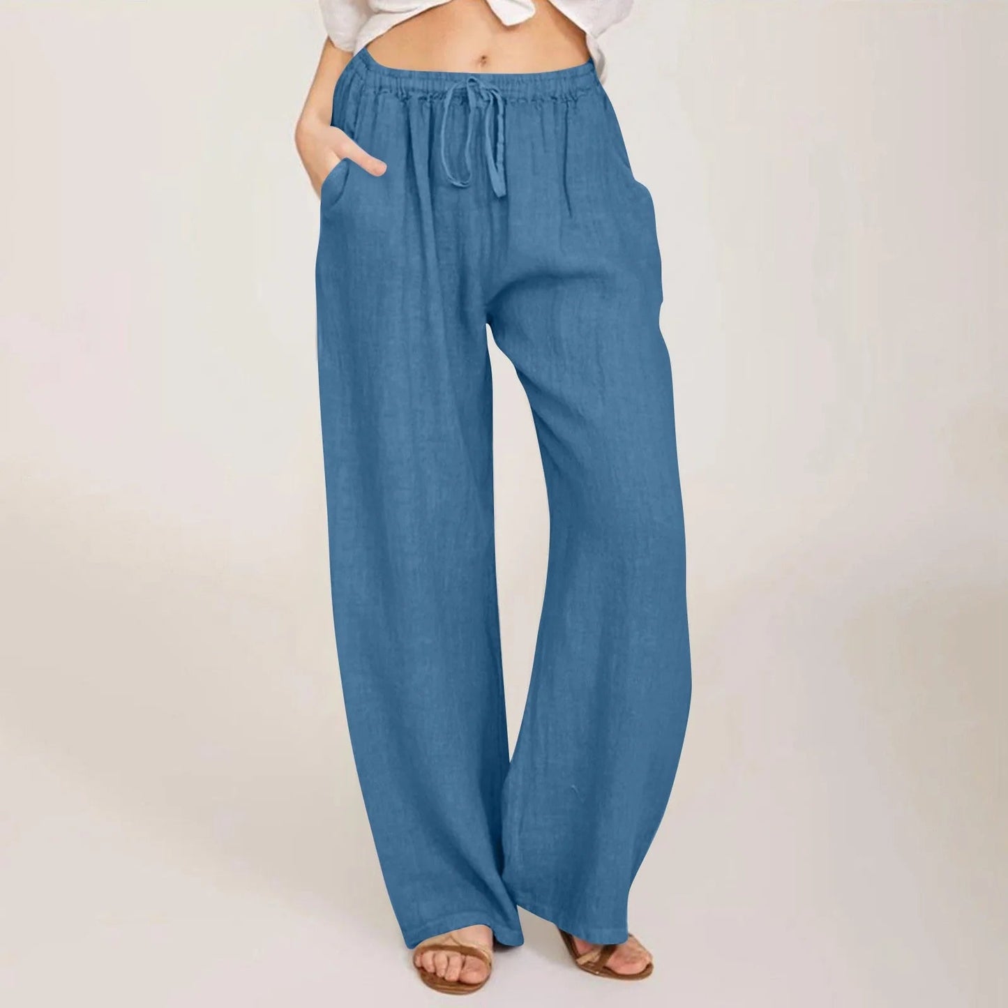 Summer Cotton Linen Wide Leg Pants For Women Pants Full Length Casual Pants Female Solid Loose High Waist Straight Trousers
