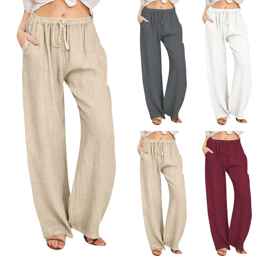 Summer Cotton Linen Wide Leg Pants For Women Pants Full Length Casual Pants Female Solid Loose High Waist Straight Trousers