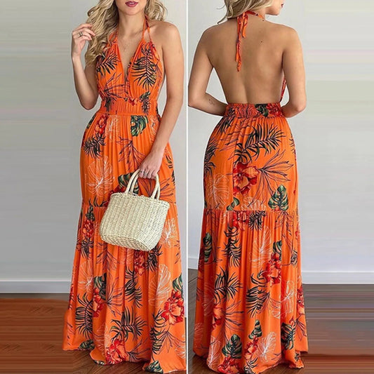 Summer Long Dress Bohemia Floral Casual Dresses Sexy Backless Halter Strapless 2023 Beach Sundress Vacation Clothes For Women