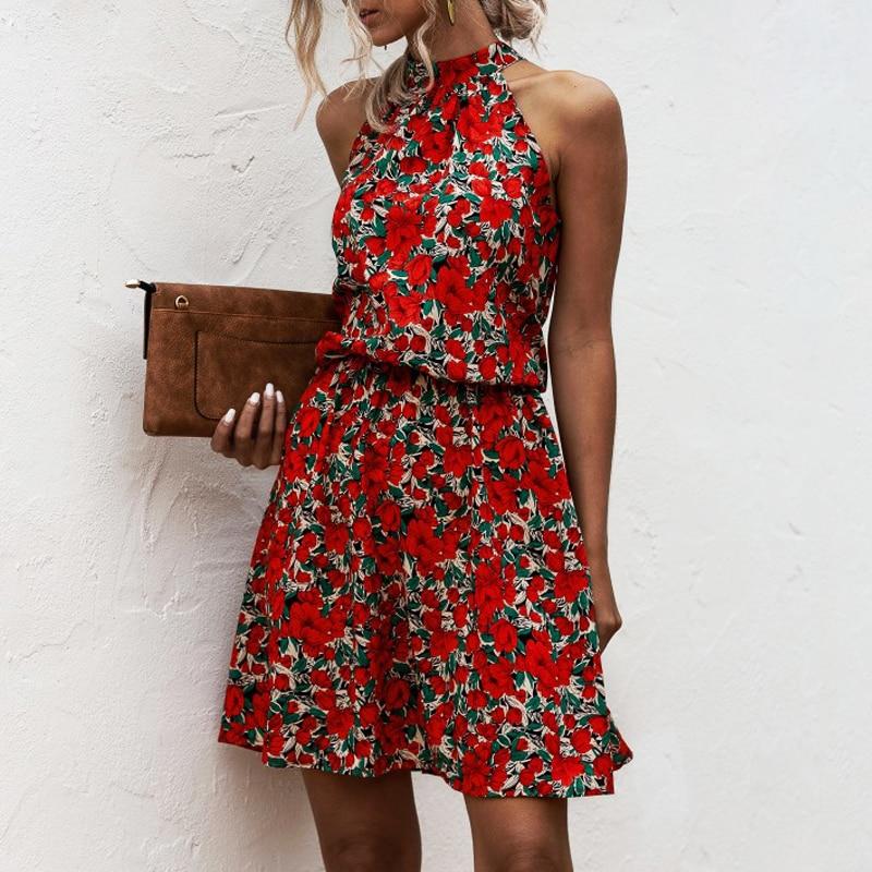 Summer Sexy Halter Lace Up Floral Sleeveless Print Mini Dress