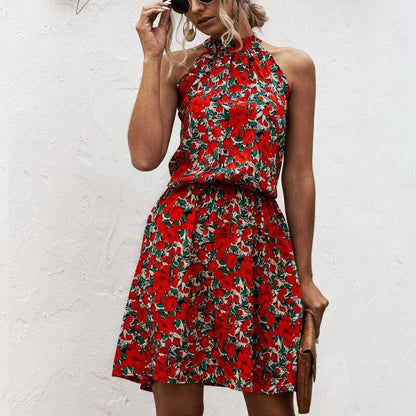 Summer Sexy Halter Lace Up Floral Sleeveless Print Mini Dress
