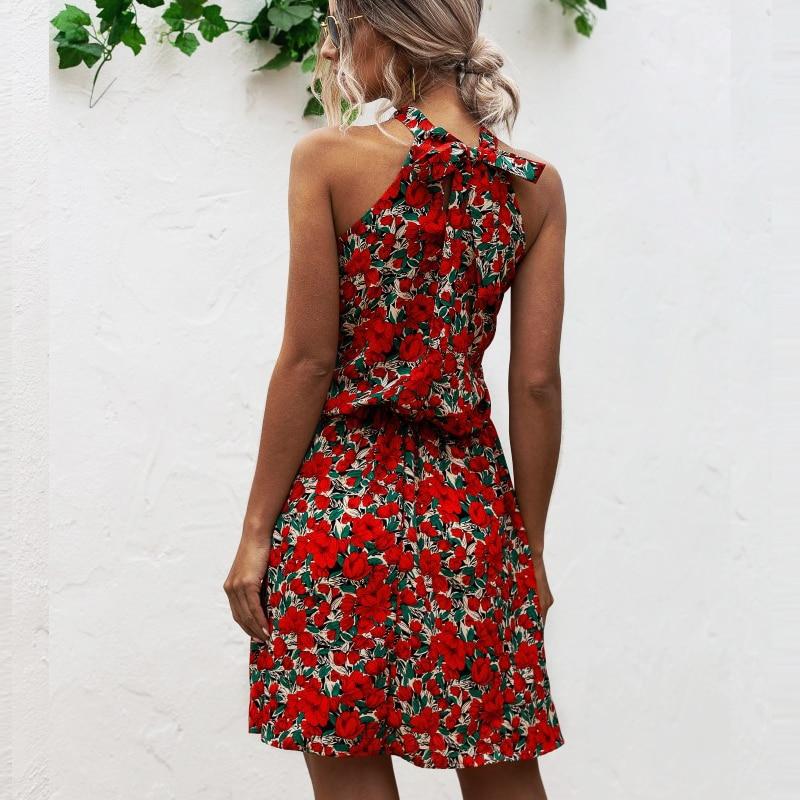 Summer Sexy Halter Lace Up Floral Sleeveless Print Mini Dress