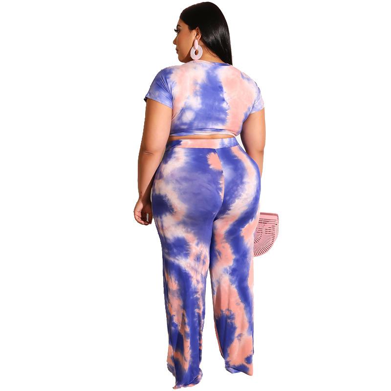 Summer Women Short Sleeve Wide Leg Pant 2 Piece Set Tie Dye Tracksuit Casual Loose Outfits