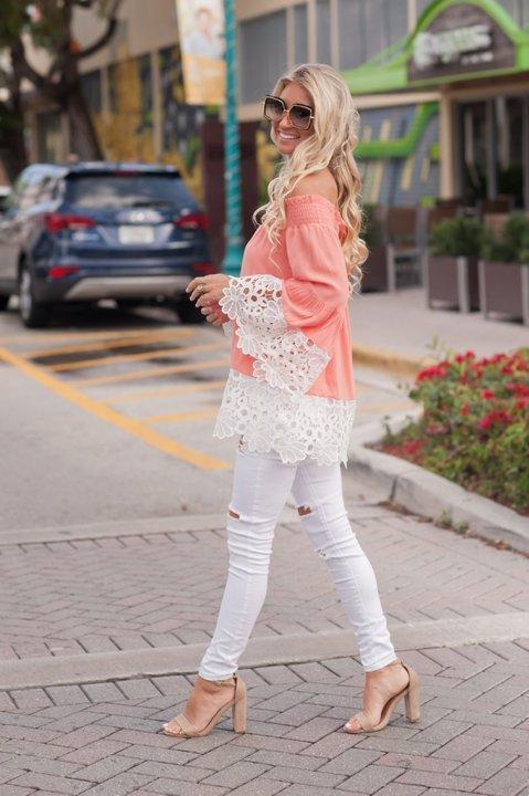 Off Shoulder Lace Splice Long Sleeve Tops Blouse