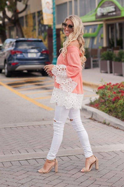 Off Shoulder Lace Splice Long Sleeve Tops Blouse