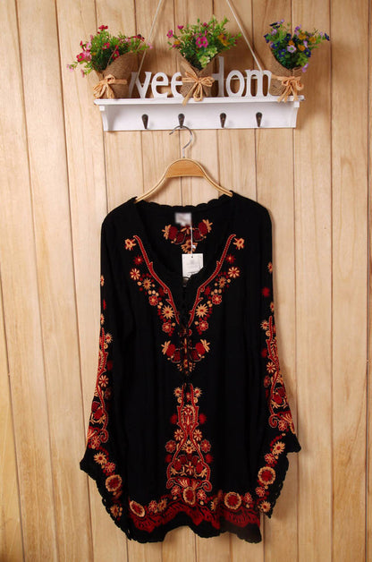 New National Style Embroidered Trumpet Sleeve Short Skirt Cotton Linen Dress