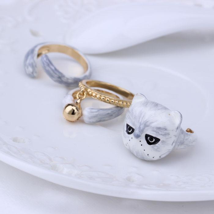 Cute Kitten Design 4 Pieces Enamel Rings Sets