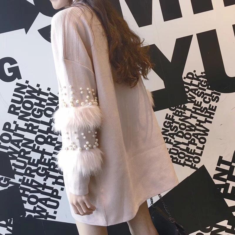 Pompom Fur Pearl Knit Long Loose Autumn Pullover Sweater