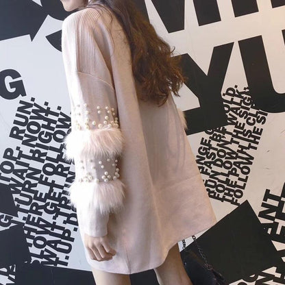 Pompom Fur Pearl Knit Long Loose Autumn Pullover Sweater