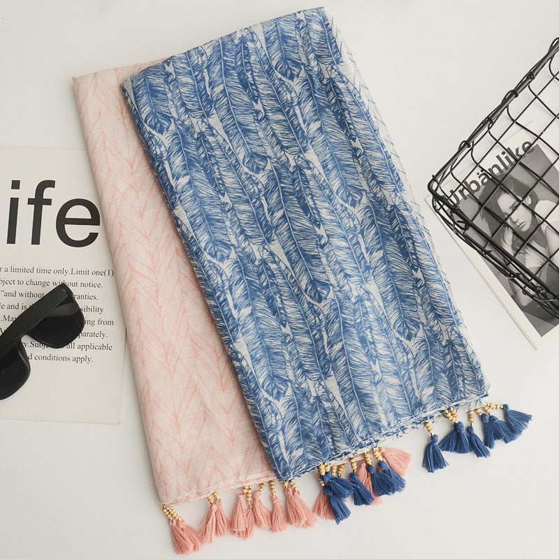Spring And Summer Bohemian Style Cotton And Linen Literary Scarf Sunscreen Shawl Handmade Wooden Beads Tassel Decorative Silk Scarf Large Yarn Scarf