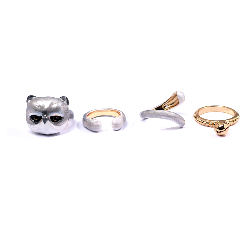 Cute Kitten Design 4 Pieces Enamel Rings Sets