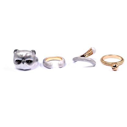 Cute Kitten Design 4 Pieces Enamel Rings Sets