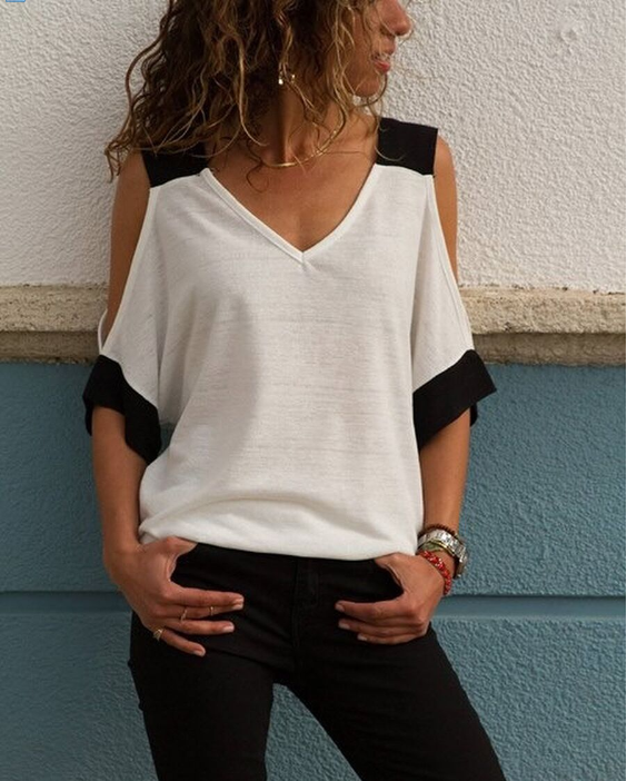 Summer Tshirt For Women New Fashion Sexy Off Shoulder V-Neck T-Shirt Women Black White Patchwork Top Tees