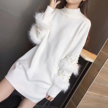 Pompom Fur Pearl Knit Long Loose Autumn Pullover Sweater