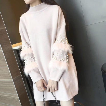 Pompom Fur Pearl Knit Long Loose Autumn Pullover Sweater