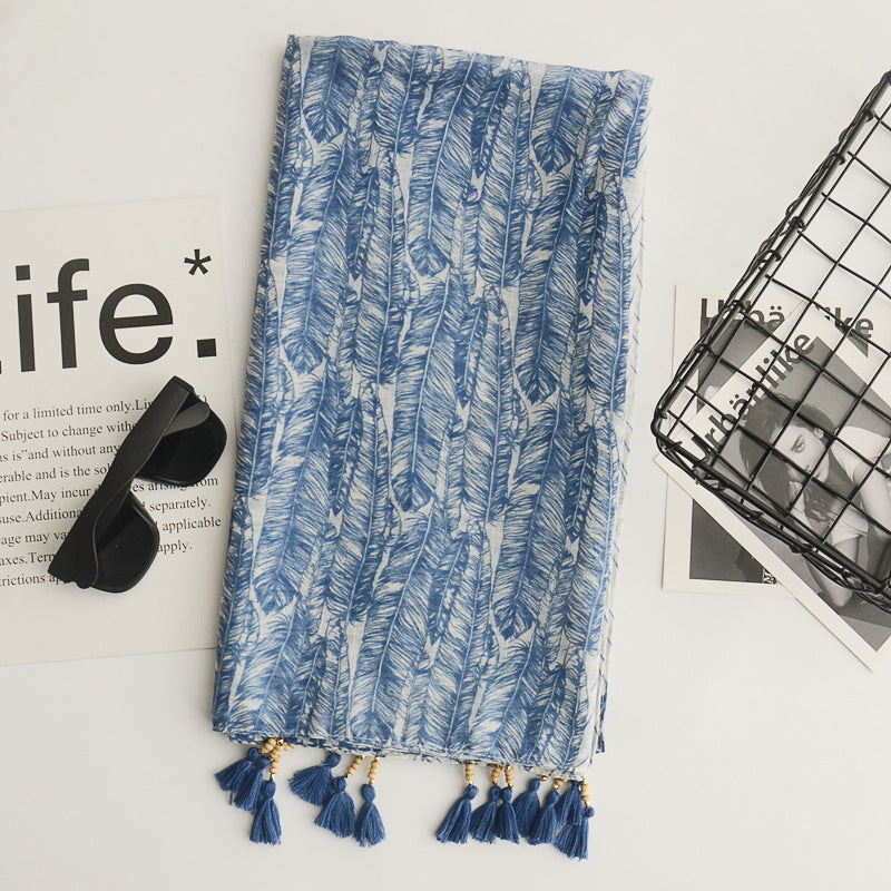Spring And Summer Bohemian Style Cotton And Linen Literary Scarf Sunscreen Shawl Handmade Wooden Beads Tassel Decorative Silk Scarf Large Yarn Scarf