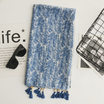 Spring And Summer Bohemian Style Cotton And Linen Literary Scarf Sunscreen Shawl Handmade Wooden Beads Tassel Decorative Silk Scarf Large Yarn Scarf