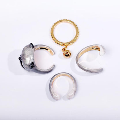 Cute Kitten Design 4 Pieces Enamel Rings Sets