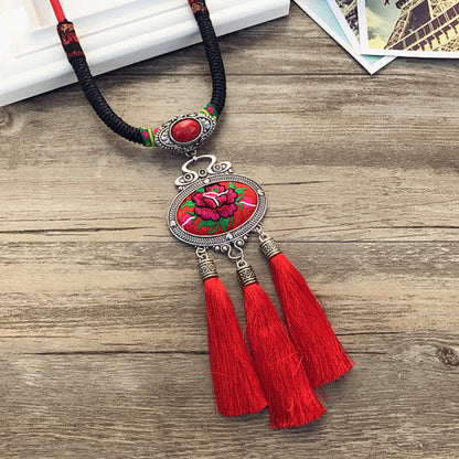 Retro Fashion Ethnic Embroidery Flower Necklace Tassel Pendant Sweater Chain