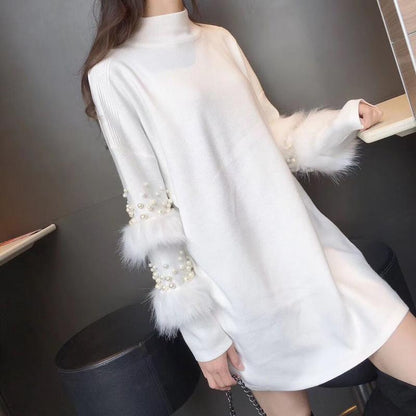 Pompom Fur Pearl Knit Long Loose Autumn Pullover Sweater