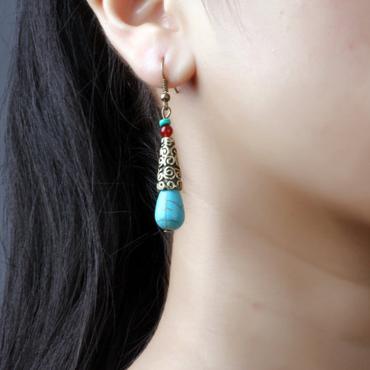 Ethnic Style Tibetan Handmade Retro Agate Pine Stone Earrings Simple And Elegant Earrings