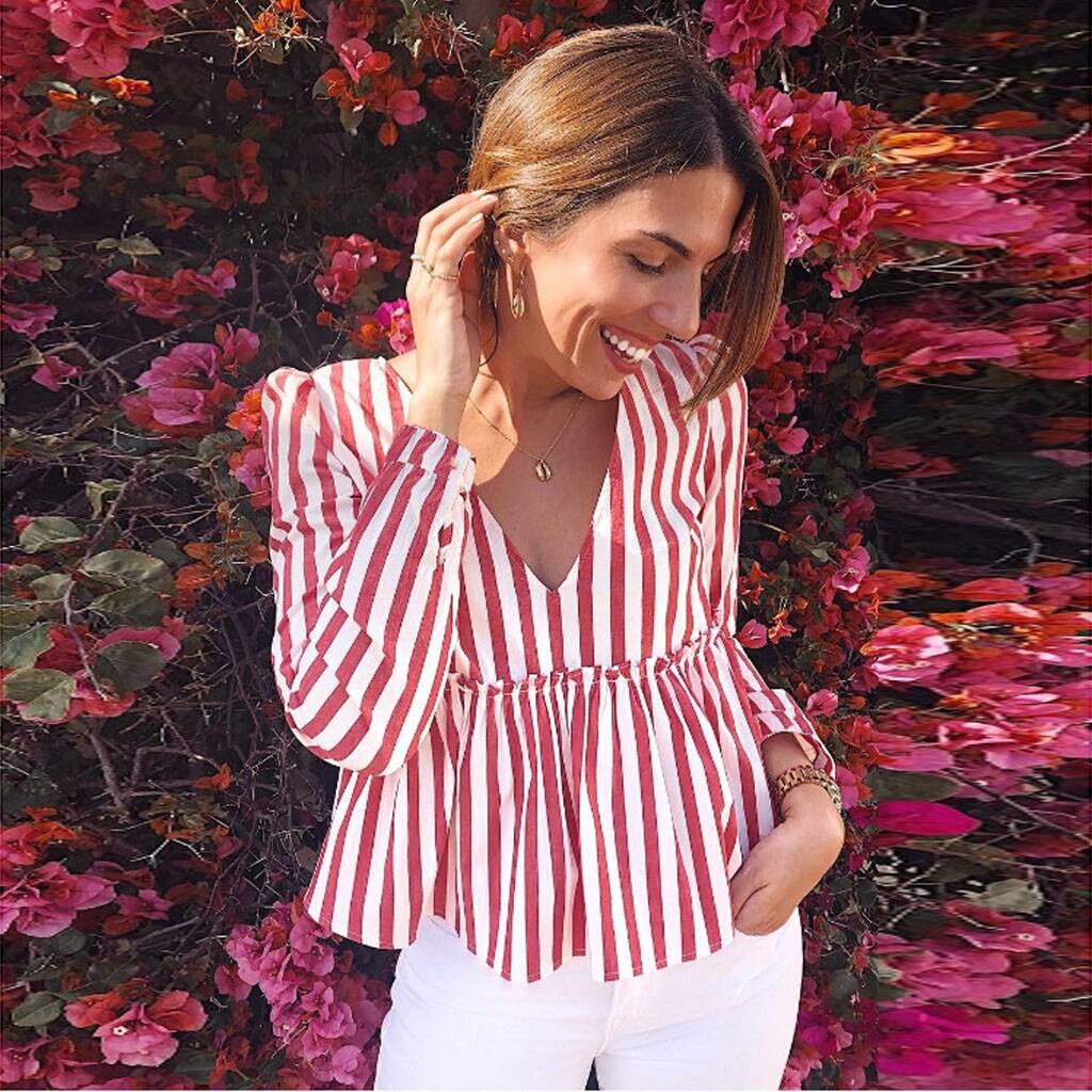 Tops Womens New Arrived Casual Striped V-Neck Full Sleeve  Shirt Brief T-Shirt